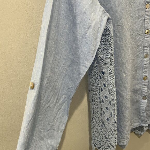 John Mark Top Women’s 0X Blue Button Up Linen Cotton Lace Back Roll Tab Sleeve - Picture 4 of 8